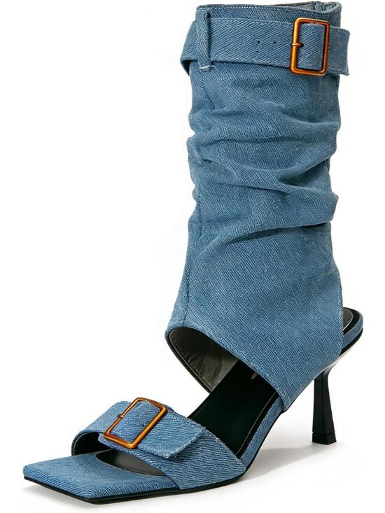 Shoes - Women's Blue Faux Suede Belt Buckle Vintage Square Open Toe Slingback Low Heels